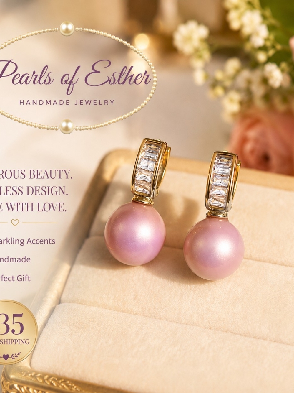 Pink Pearl Drop Earrings with Gold Accents